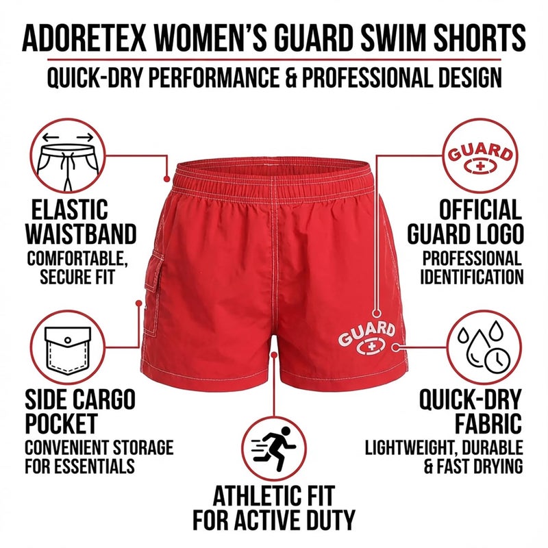 Adoretex Women's Guard Athletic Quick Dry Swim Board Shorts, 3" Inseam Lightweight Elastic Waistband Board Shorts (FGB013) - Red - Large - Image 4